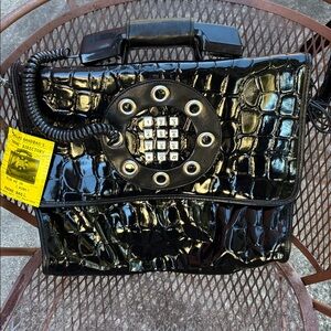 Glossy Black Crocodile Pattern Handbag with Retro Dial